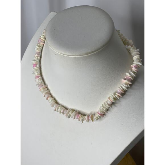 white shell necklace beach vacation costume jewelry puca pucka w pink beads - Picture 3 of 8